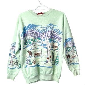 Vintage Mint Green Winter Scene Crewneck Sweater